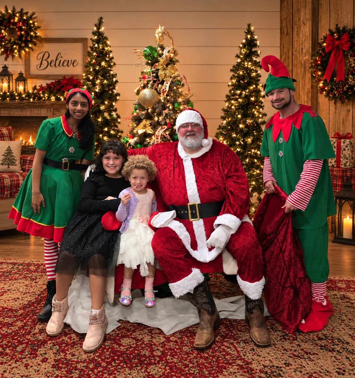 Santa Jeff with two children and two elves beside Christmas trees and a Believe sign